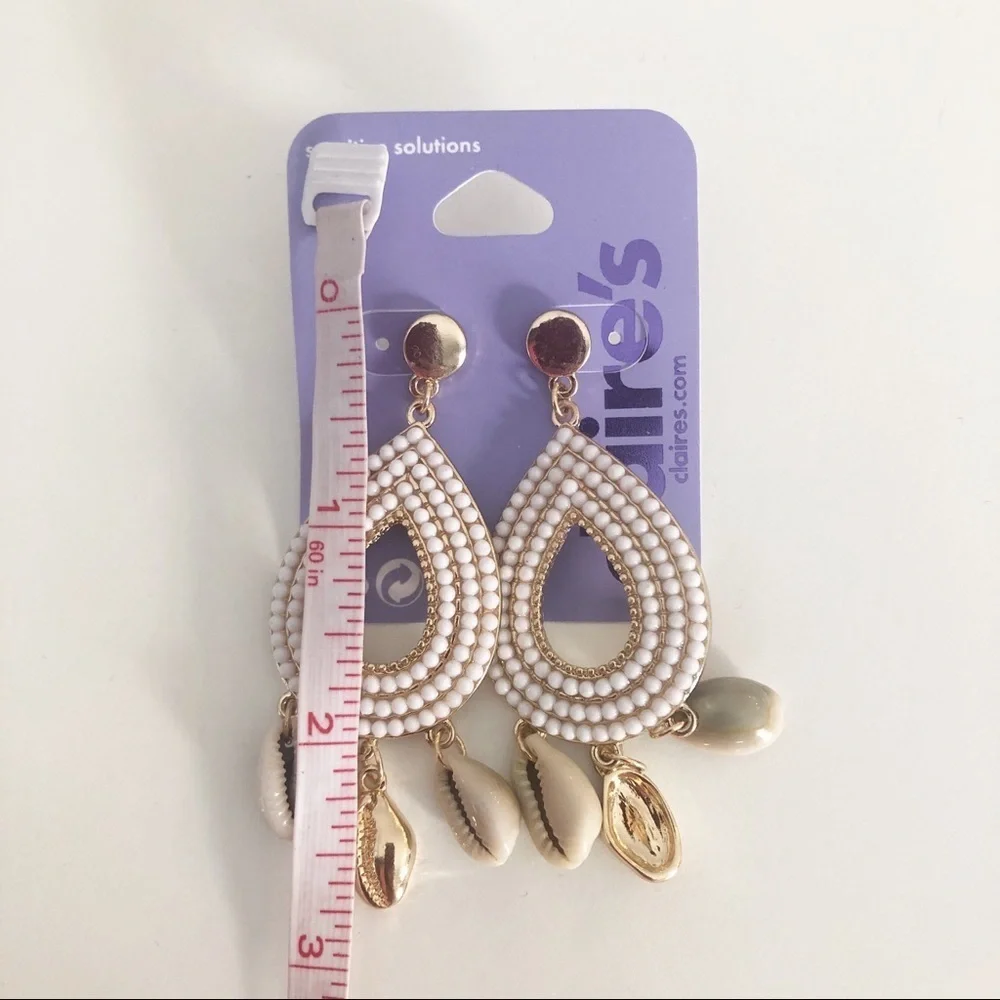 Claire's Gold tone Teardrop Seashell Drop Earrings - Picture 2 of 3